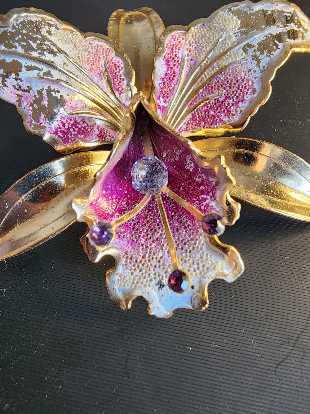 Vintage - Gold and Pink Orchid Brooch